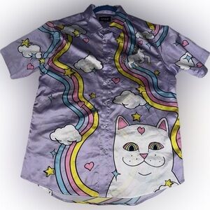 Rip N Dip Nermland Nermal button up rainbow unicorn short sleeve faux silk shirt